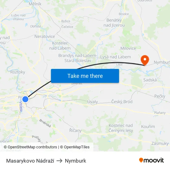 Masarykovo Nádraží to Nymburk map