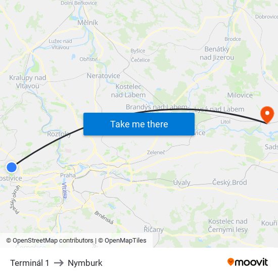 Terminál 1 (E) to Nymburk map