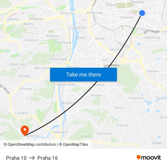 Praha 10 to Praha 16 map