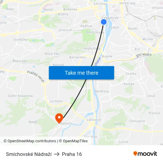 Smíchovské Nádraží to Praha 16 map