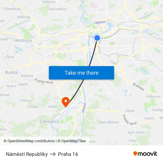 Náměstí Republiky to Praha 16 map