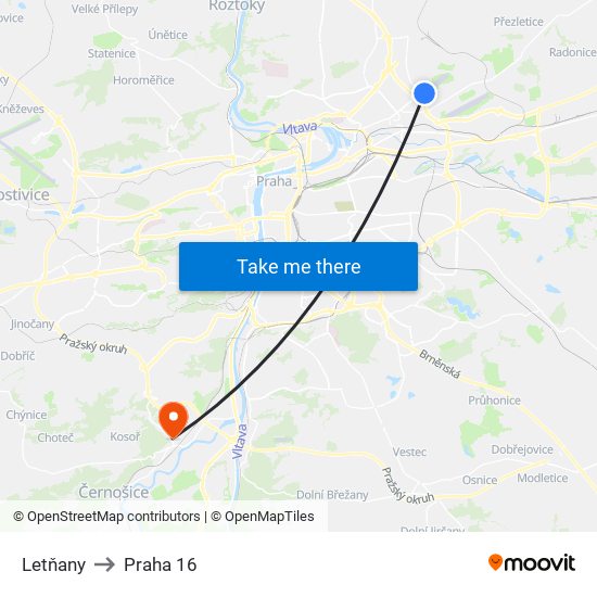 Letňany to Praha 16 map