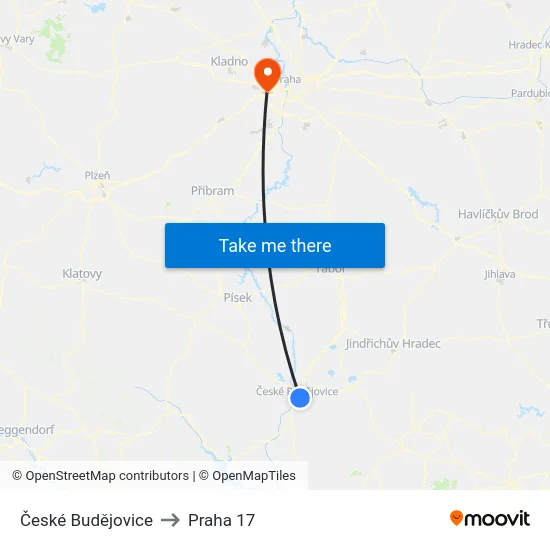 České Budějovice to Praha 17 map