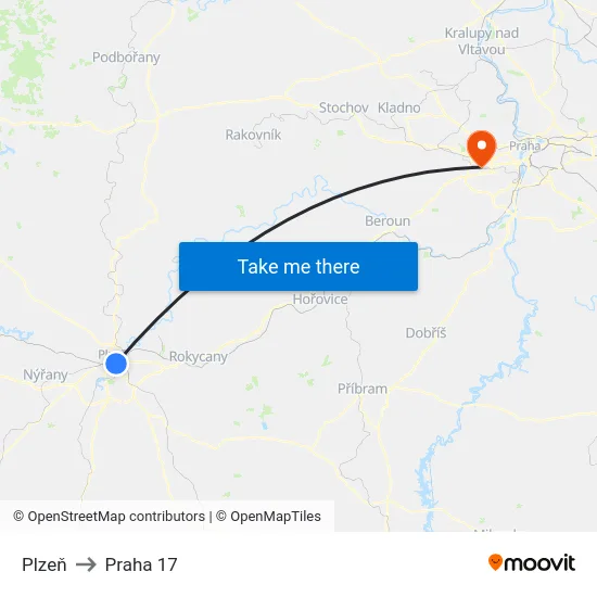 Plzeň to Praha 17 map