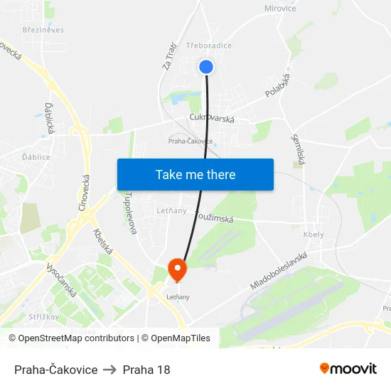 Praha-Čakovice to Praha 18 map