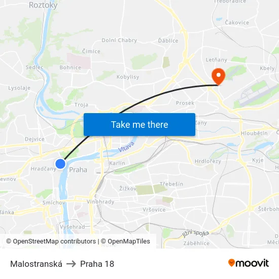 Malostranská to Praha 18 map