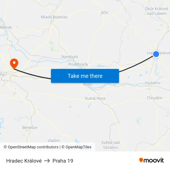 Hradec Králové to Praha 19 map