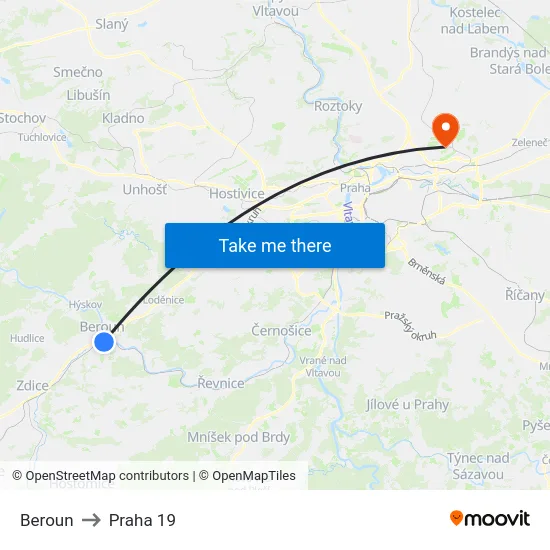 Beroun to Praha 19 map