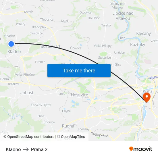 Kladno to Praha 2 map