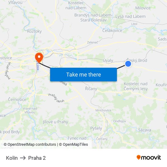 Kolín to Praha 2 map