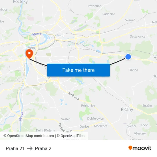 Praha 21 to Praha 2 map