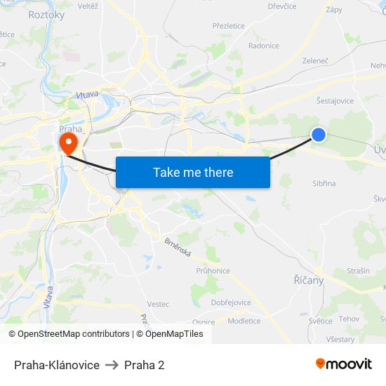 Praha-Klánovice to Praha 2 map