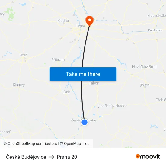České Budějovice to Praha 20 map