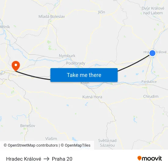 Hradec Králové to Praha 20 map