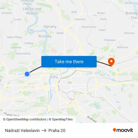 Nádraží Veleslavín to Praha 20 map