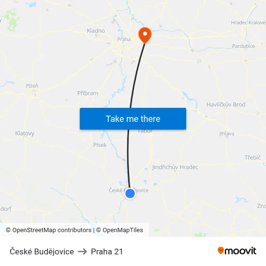 České Budějovice to Praha 21 map