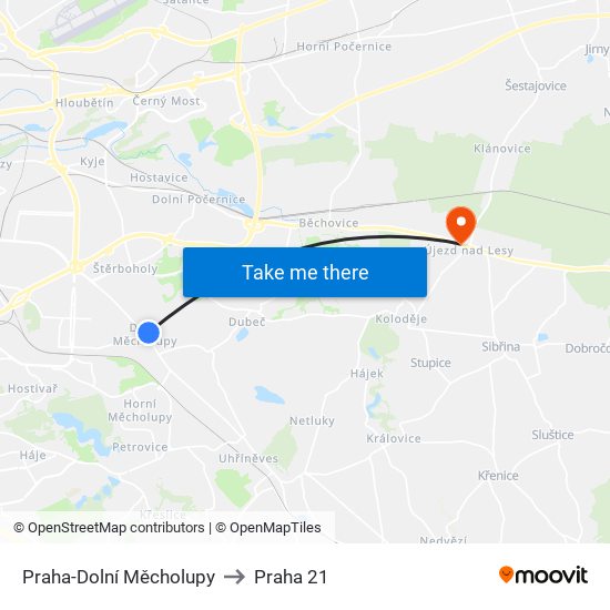 Praha-Dolní Měcholupy to Praha 21 map