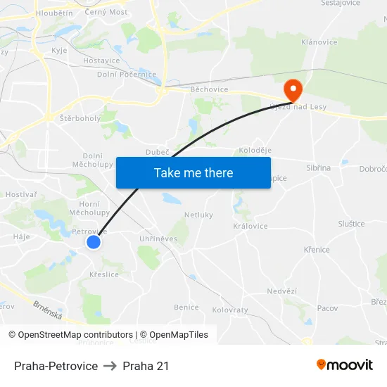 Praha-Petrovice to Praha 21 map