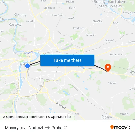 Masarykovo Nádraží to Praha 21 map