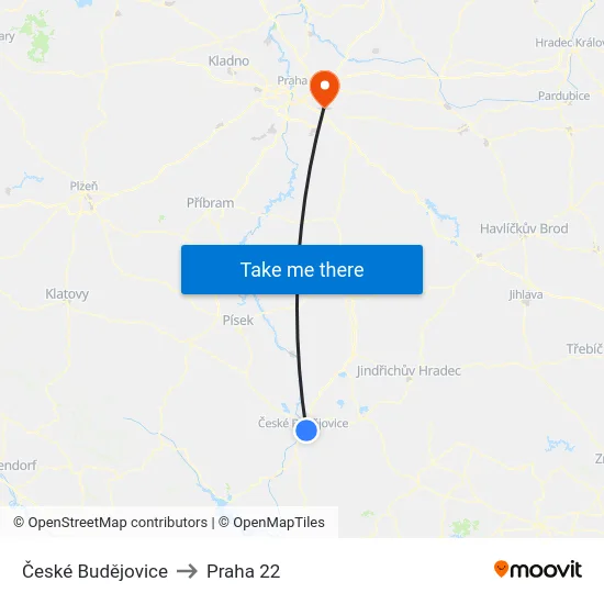 České Budějovice to Praha 22 map
