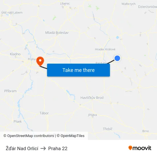 Žďár Nad Orlicí to Praha 22 map