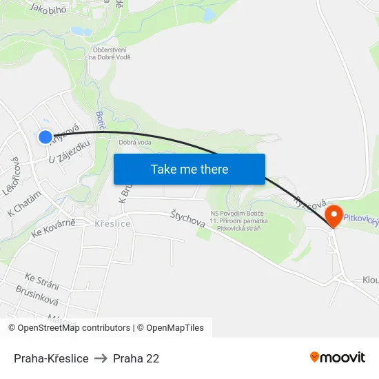 Praha-Křeslice to Praha 22 map