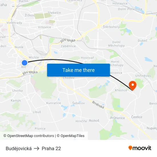 Budějovická to Praha 22 map