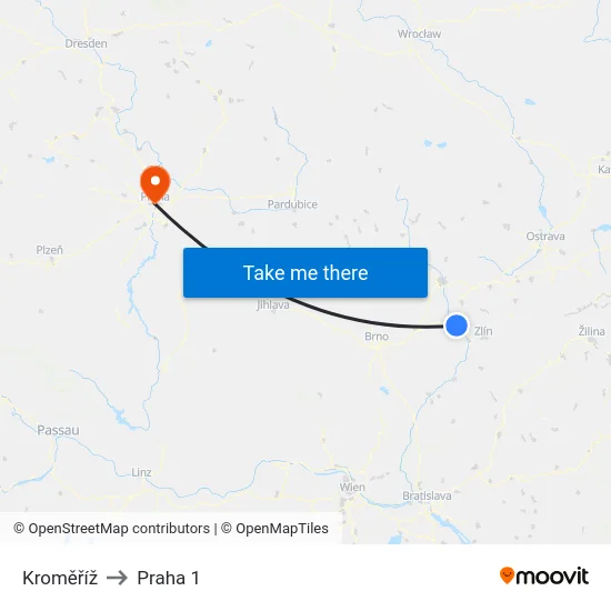 Kroměříž to Praha 1 map
