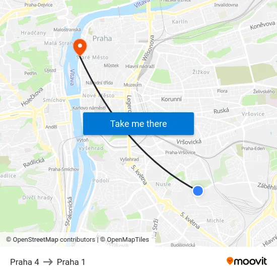 Praha 4 to Praha 1 map