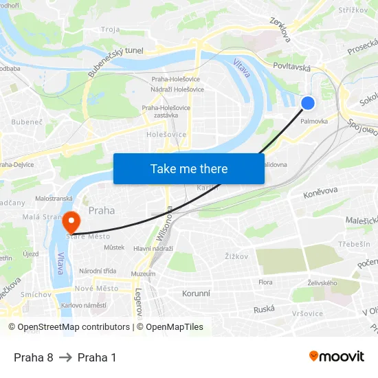 Praha 8 to Praha 1 map