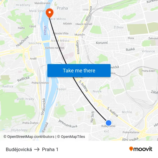 Budějovická to Praha 1 map