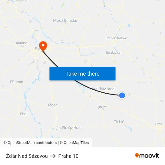 Žďár Nad Sázavou to Praha 10 map