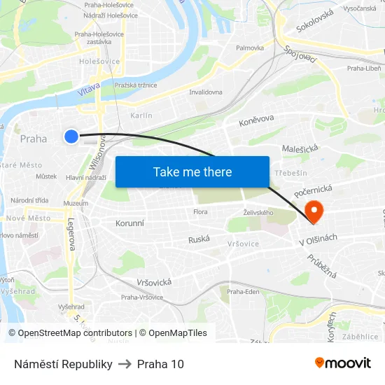 Náměstí Republiky to Praha 10 map