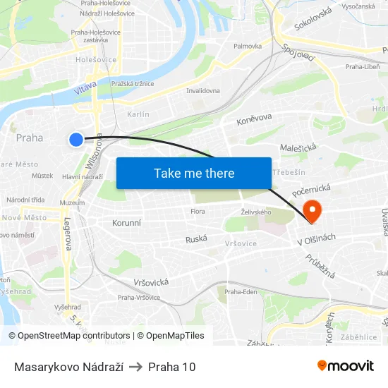 Masarykovo Nádraží to Praha 10 map
