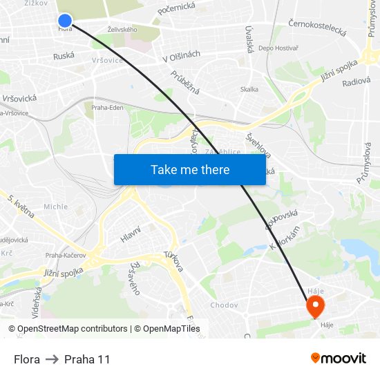 Flora to Praha 11 map
