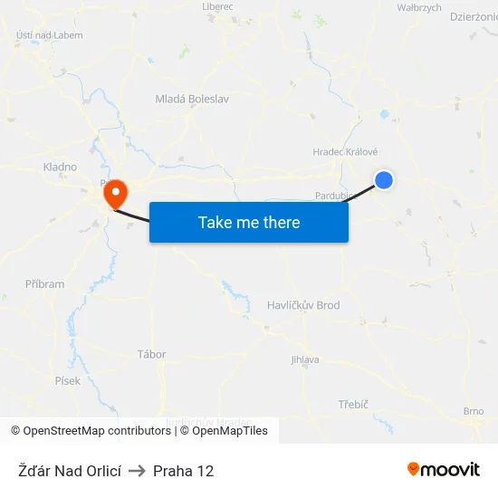 Žďár Nad Orlicí to Praha 12 map