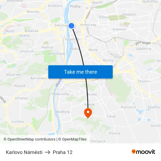 Karlovo Náměstí to Praha 12 map