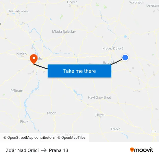 Žďár Nad Orlicí to Praha 13 map