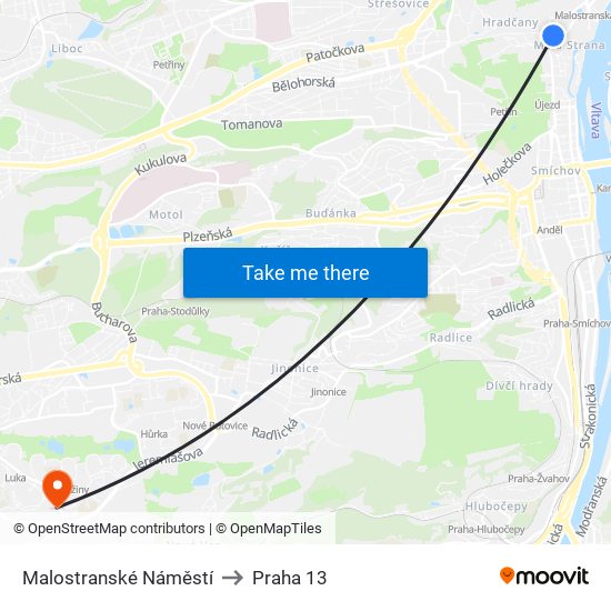 Malostranské Náměstí (B) to Praha 13 map