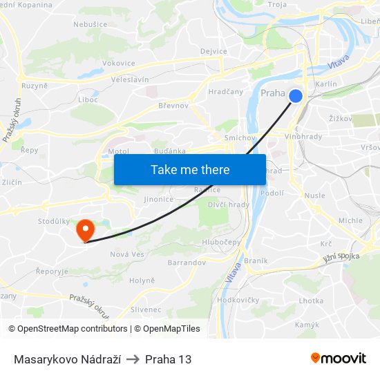 Masarykovo Nádraží to Praha 13 map