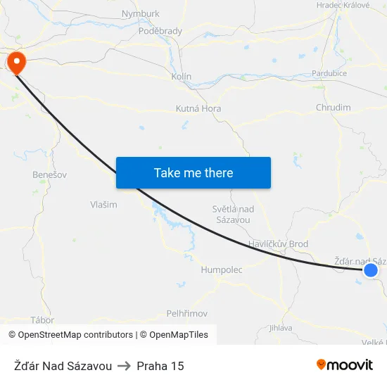 Žďár Nad Sázavou to Praha 15 map
