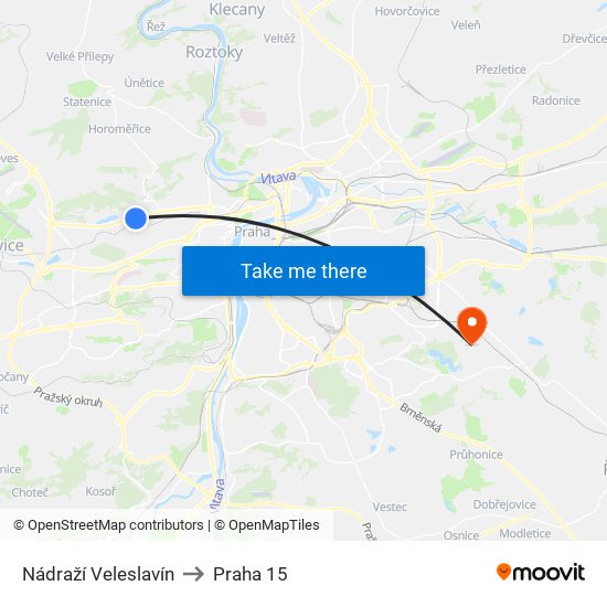 Nádraží Veleslavín to Praha 15 map