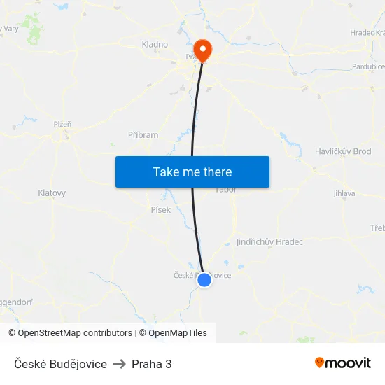 České Budějovice to Praha 3 map