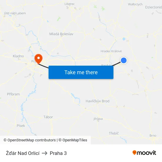 Žďár Nad Orlicí to Praha 3 map