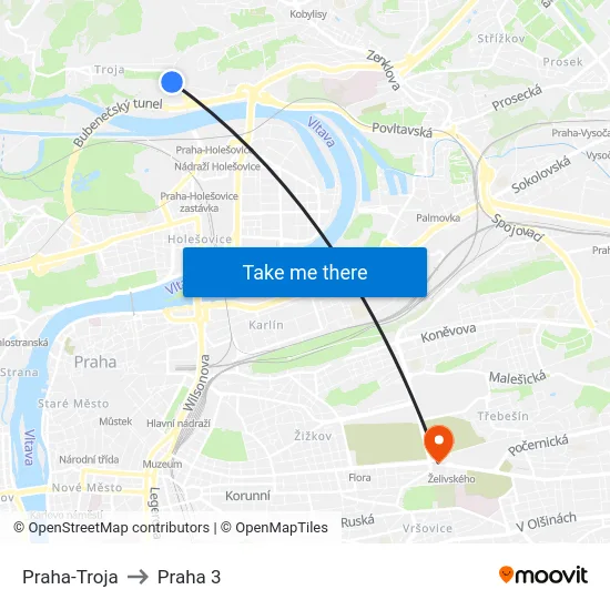 Praha-Troja to Praha 3 map