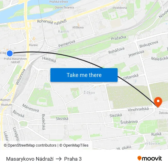 Masarykovo Nádraží to Praha 3 map