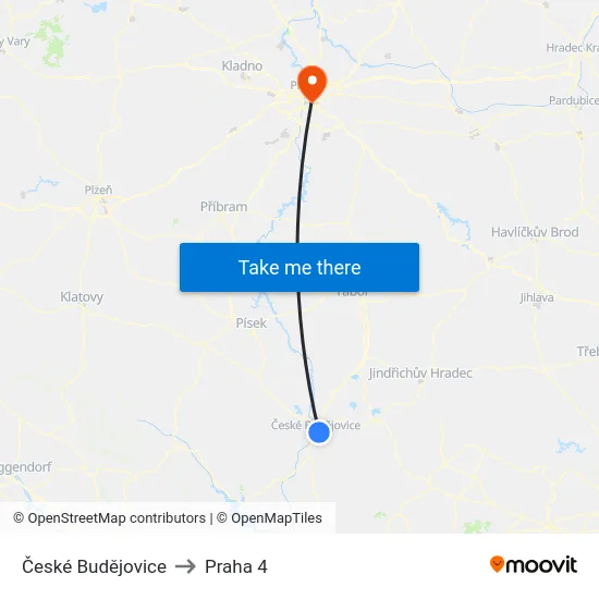 České Budějovice to Praha 4 map