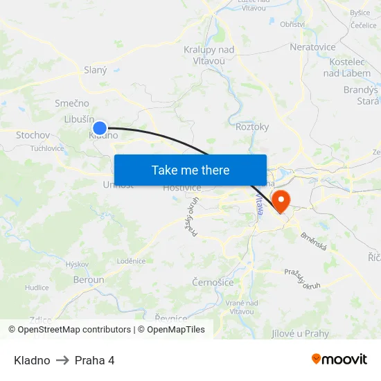 Kladno to Praha 4 map