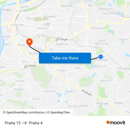 Praha 15 to Praha 4 map