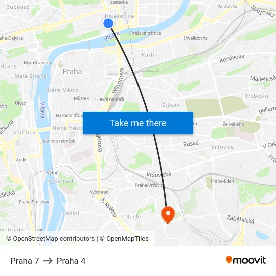 Praha 7 to Praha 4 map